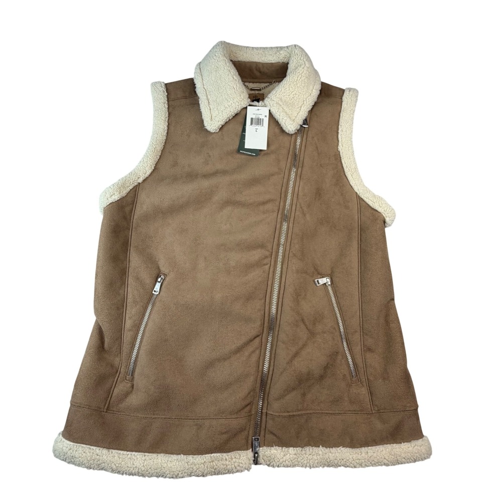 Lauren Ralph Lauren NWT Faux Shearling Moto Vest Brown Asym Zip Western L